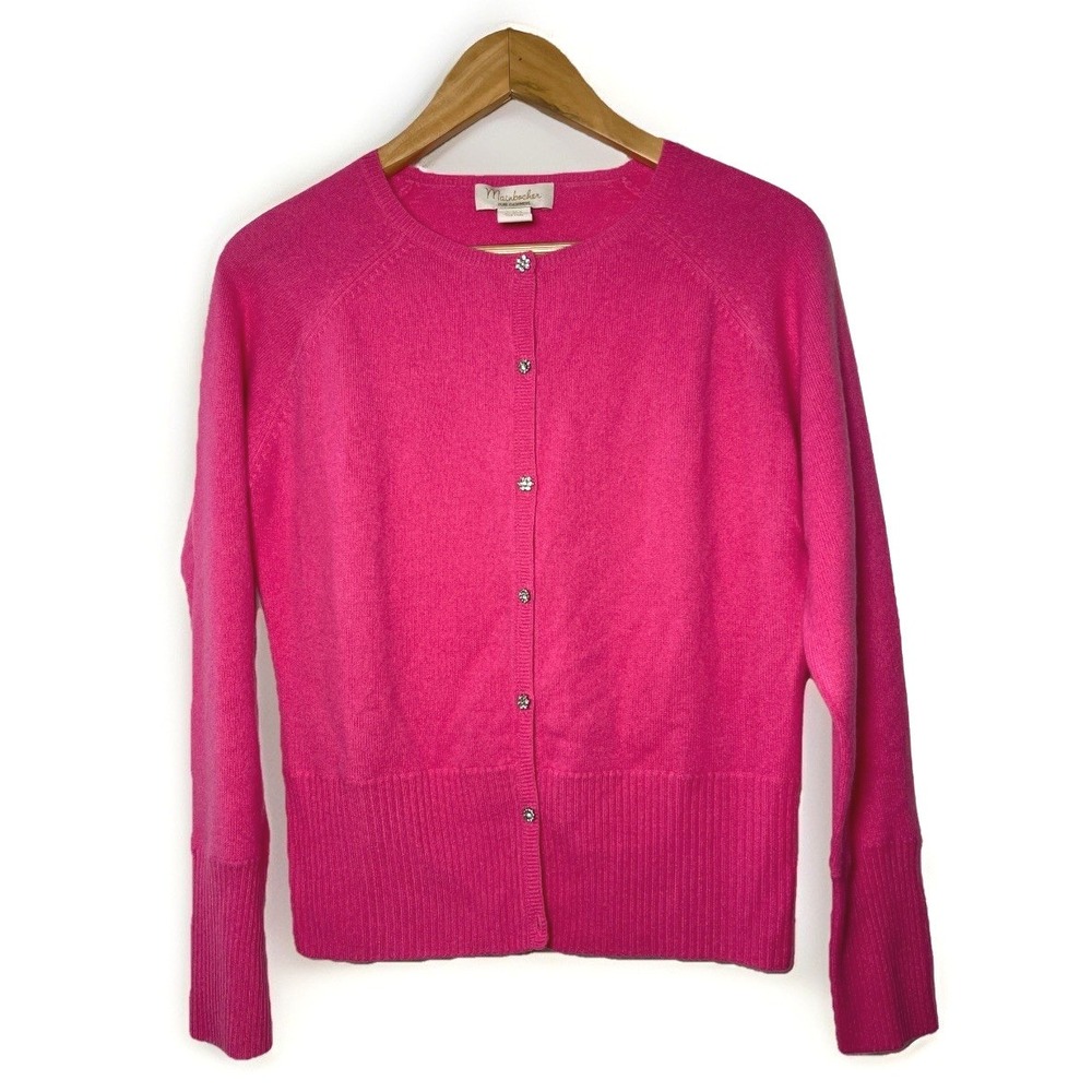 100% Pure Cashmere Cardigan Rhinestone Buttons Quiet Luxury Pink Women's Size M - Picture 2 of 9